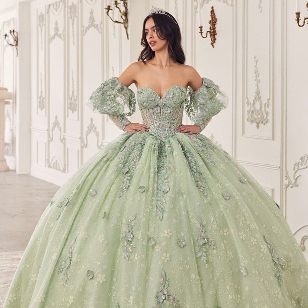 N/A NEW LONG QUINCEANERA MAXI TULLE BALL GOWN W/ REMOVABLE PUFF SLEEVES CD 15722 - Picture 4 of 12